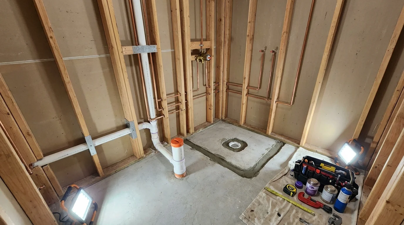 Bathroom rough-in plumbing during remodel by Johns Plumbing LLC in Kensington