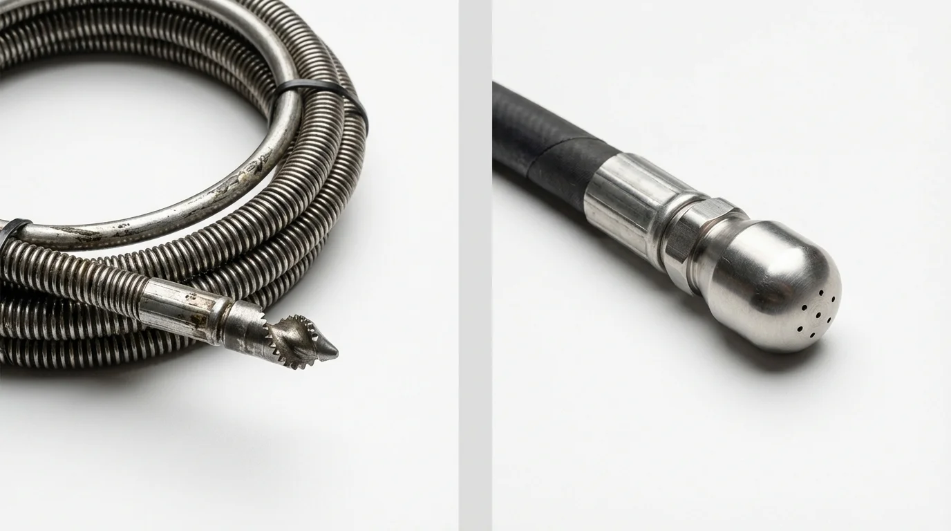 Drain snake cable and hydro jetting nozzle used for drain cleaning in Kensington, MD