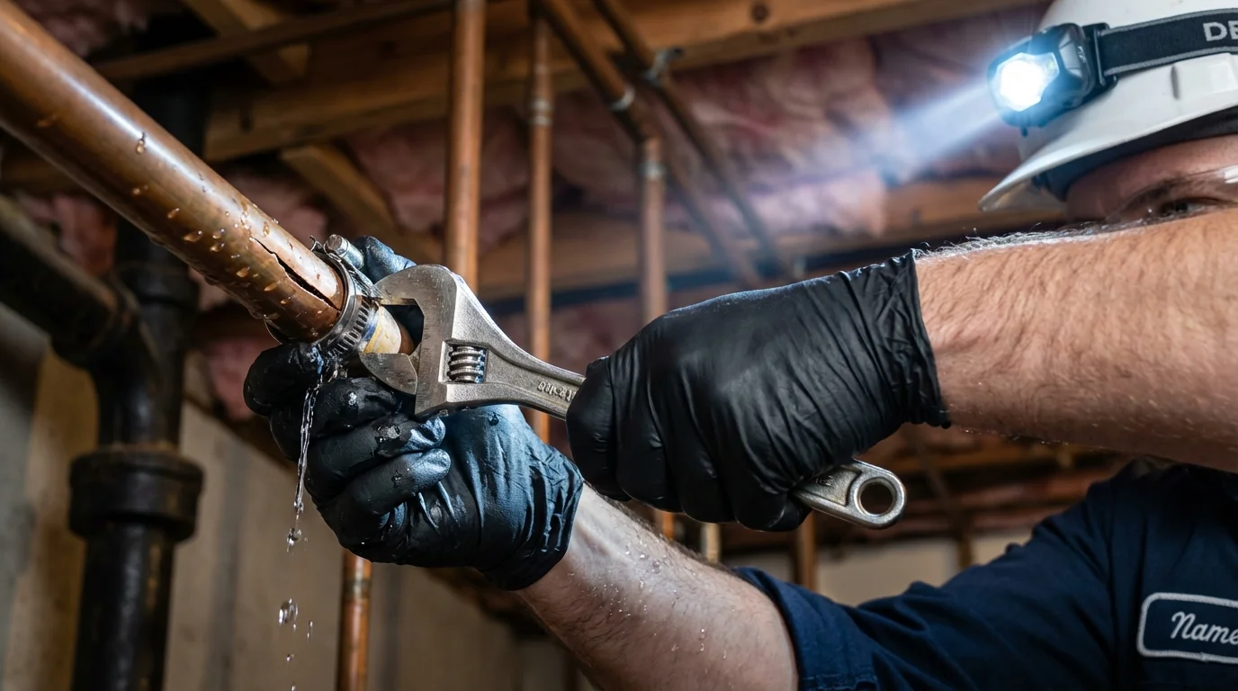 Emergency pipe clamp repair being performed by a Johns Plumbing LLC plumber in Kensington