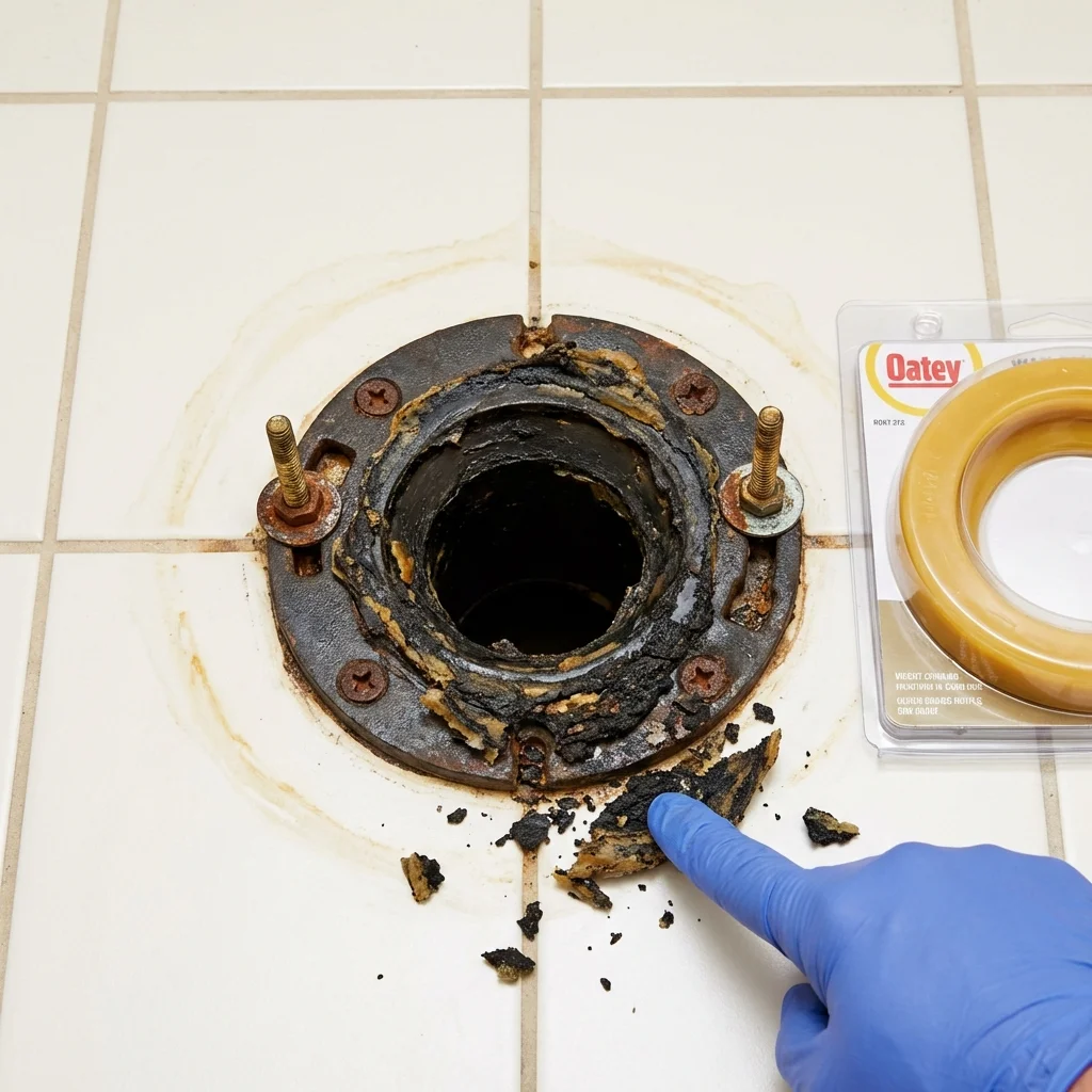 Failed wax ring showing water seepage at the base of a toilet in a Kensington, MD home