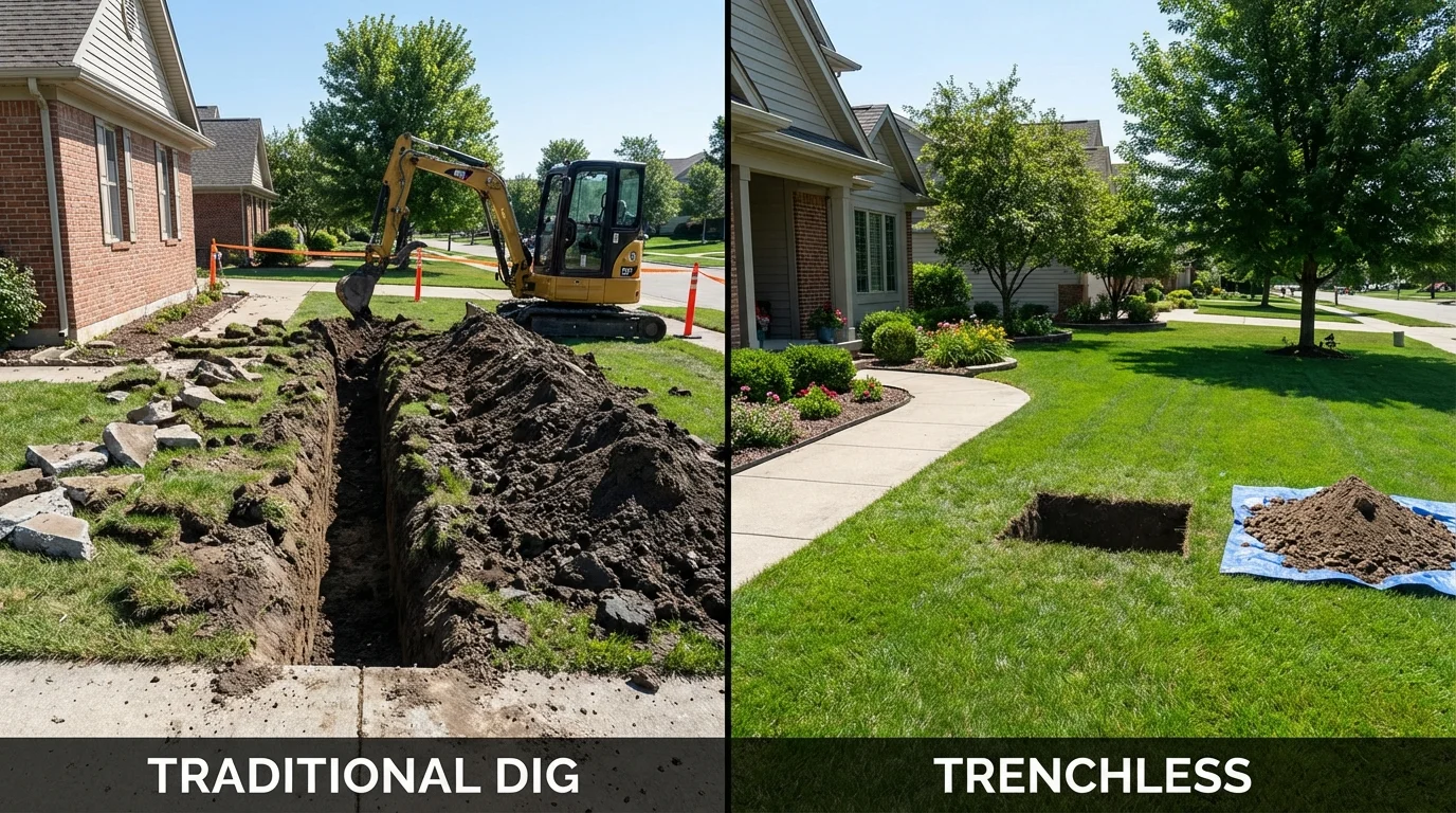 Trenchless sewer repair with minimal yard damage versus traditional excavation in Kensington, MD