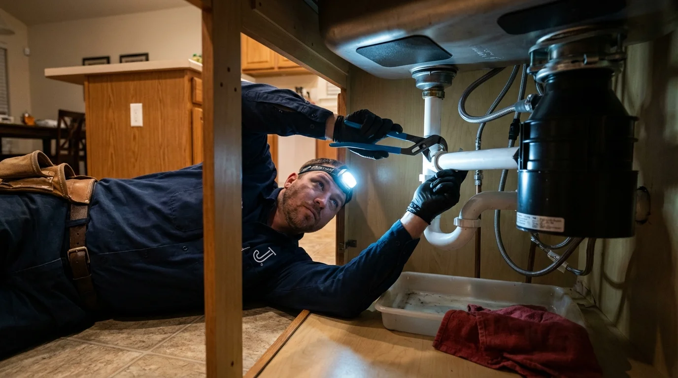P-trap and supply line connections under a kitchen sink showing a common leak point in Kensington, MD
